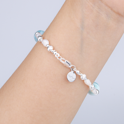 raw shape fresh water pearl with larimar and s925 small and large cat eye threaded beads bracelet for women gift for girl friend