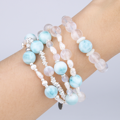 raw shape fresh water pearl with larimar and s925 small and large cat eye threaded beads bracelet for women gift for girl friend