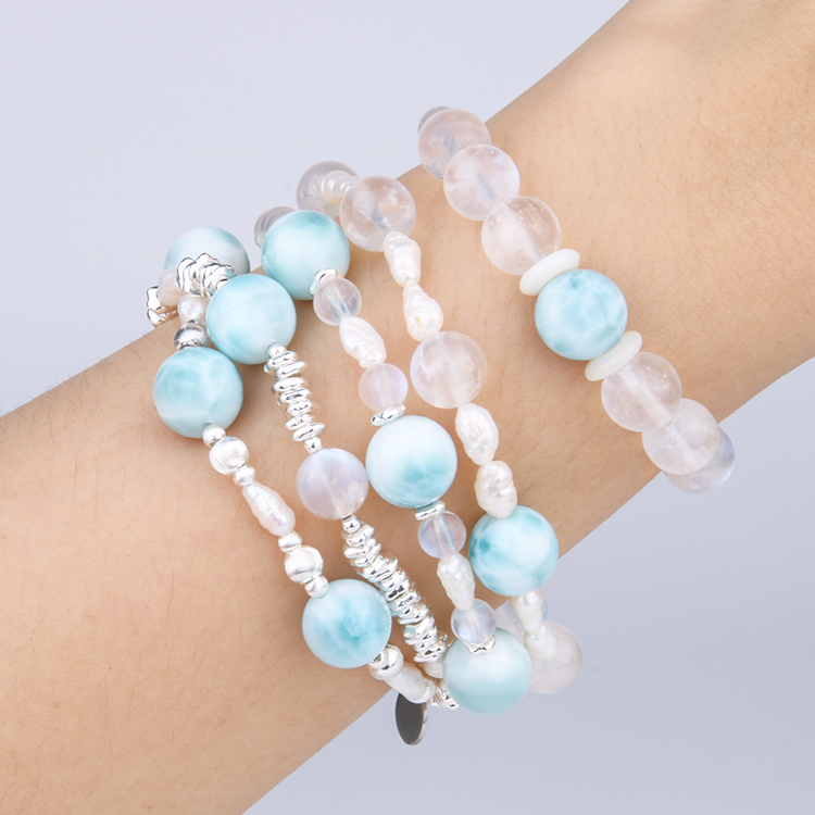 raw shape fresh water pearl with larimar and s925 small and large cat eye threaded beads bracelet for women gift for girl friend