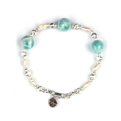 raw shape fresh water pearl with larimar and s925 small and large cat eye threaded beads bracelet for women gift for girl friend