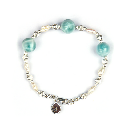 raw shape fresh water pearl with larimar and s925 small and large cat eye threaded beads bracelet for women gift for girl friend