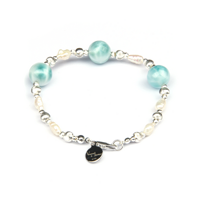 raw shape fresh water pearl with larimar and s925 small and large cat eye threaded beads bracelet for women gift for girl friend