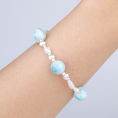 raw shape fresh water pearl with larimar and s925 small and large cat eye threaded beads bracelet for women gift for girl friend