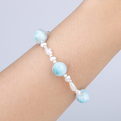 raw shape fresh water pearl with larimar and s925 small and large cat eye threaded beads bracelet for women gift for girl friend