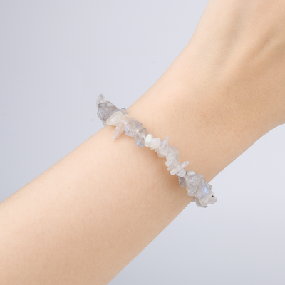 Minimalist chip crystal bracelet with raw-shaped gray moonstone, offering a soft shimmer and calming crystal aesthetic