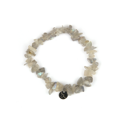 Minimalist chip crystal bracelet with raw-shaped gray moonstone, offering a soft shimmer and calming crystal aesthetic