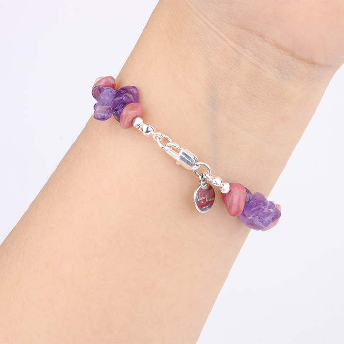 Minimalist bracelet with raw-shaped rhodonite, raw amethyst, freshwater pearl, and clear quartz