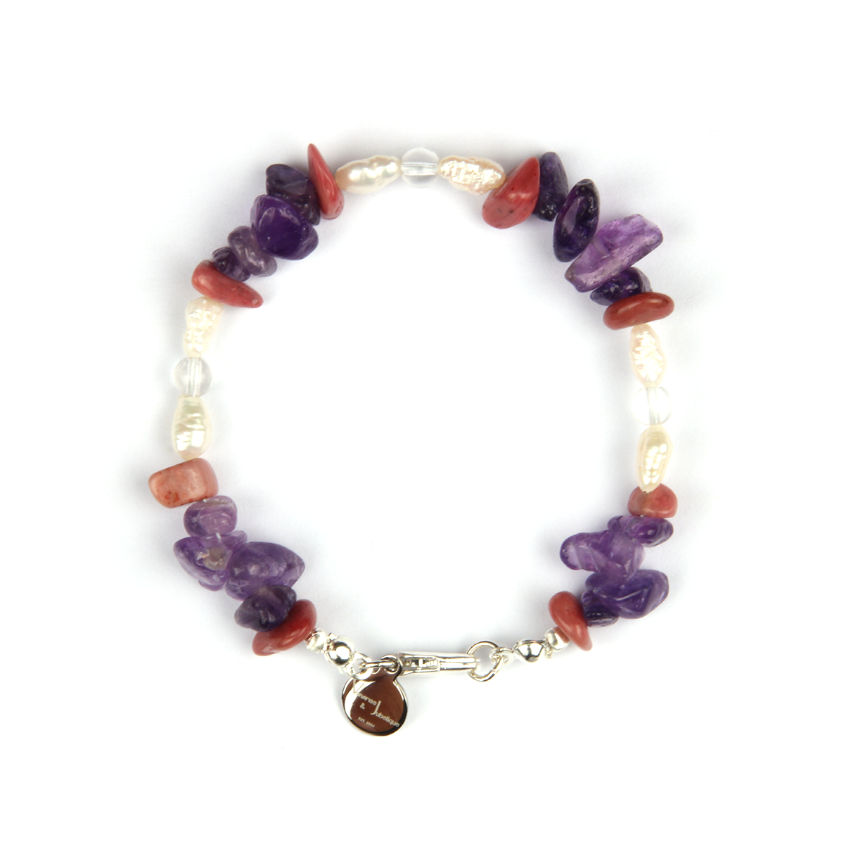 Minimalist bracelet with raw-shaped rhodonite, raw amethyst, freshwater pearl, and clear quartz