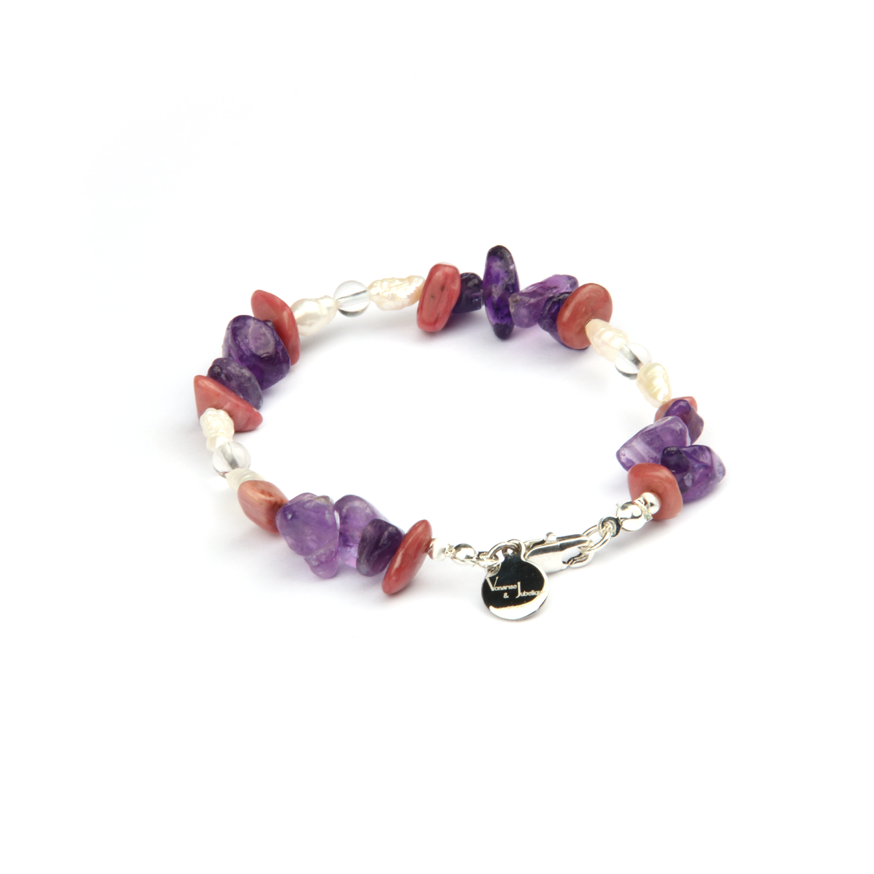 Minimalist bracelet with raw-shaped rhodonite, raw amethyst, freshwater pearl, and clear quartz