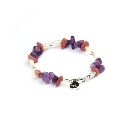 Minimalist bracelet with raw-shaped rhodonite, raw amethyst, freshwater pearl, and clear quartz