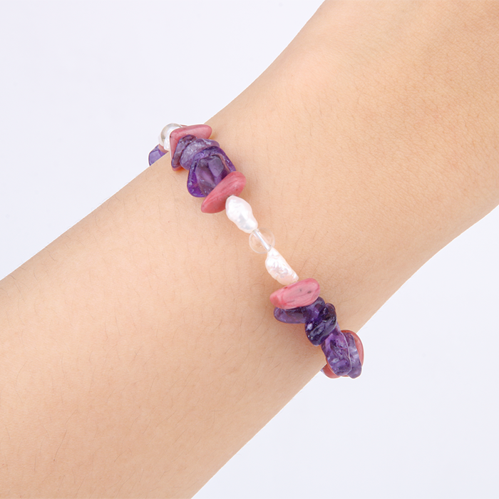 Minimalist bracelet with raw-shaped rhodonite, raw amethyst, freshwater pearl, and clear quartz