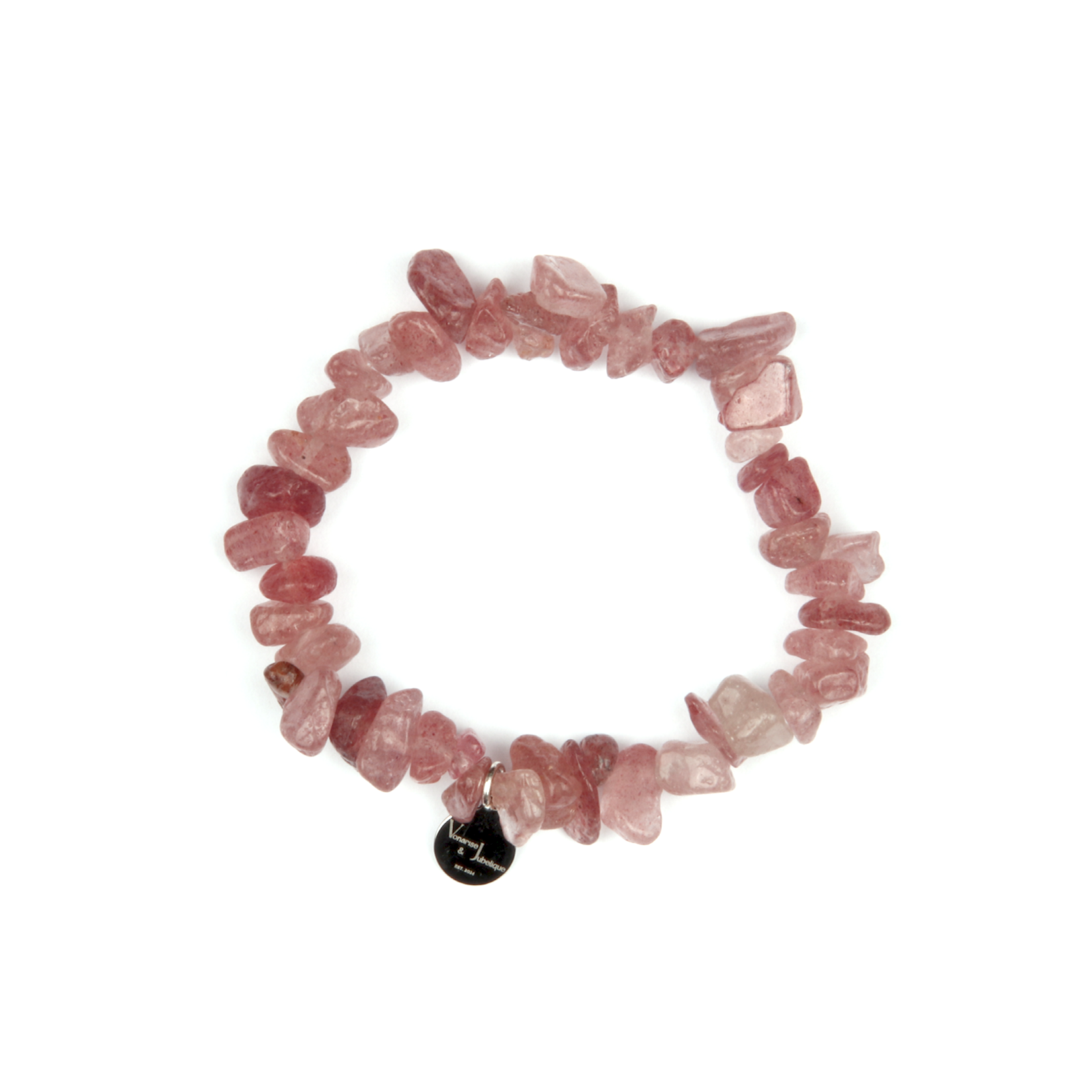 Minimalist chip crystal bracelet with raw-shaped strawberry rose quartz, featuring soft pink tones and a natural romantic aesthetic