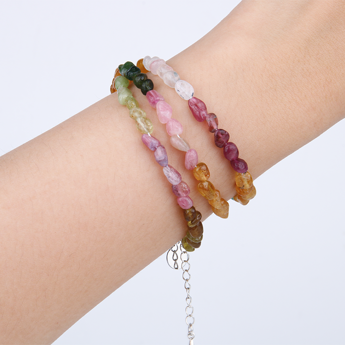 raw shape multi color tourmaline crystal bracelet in three circle for protection natural chip tourmaline