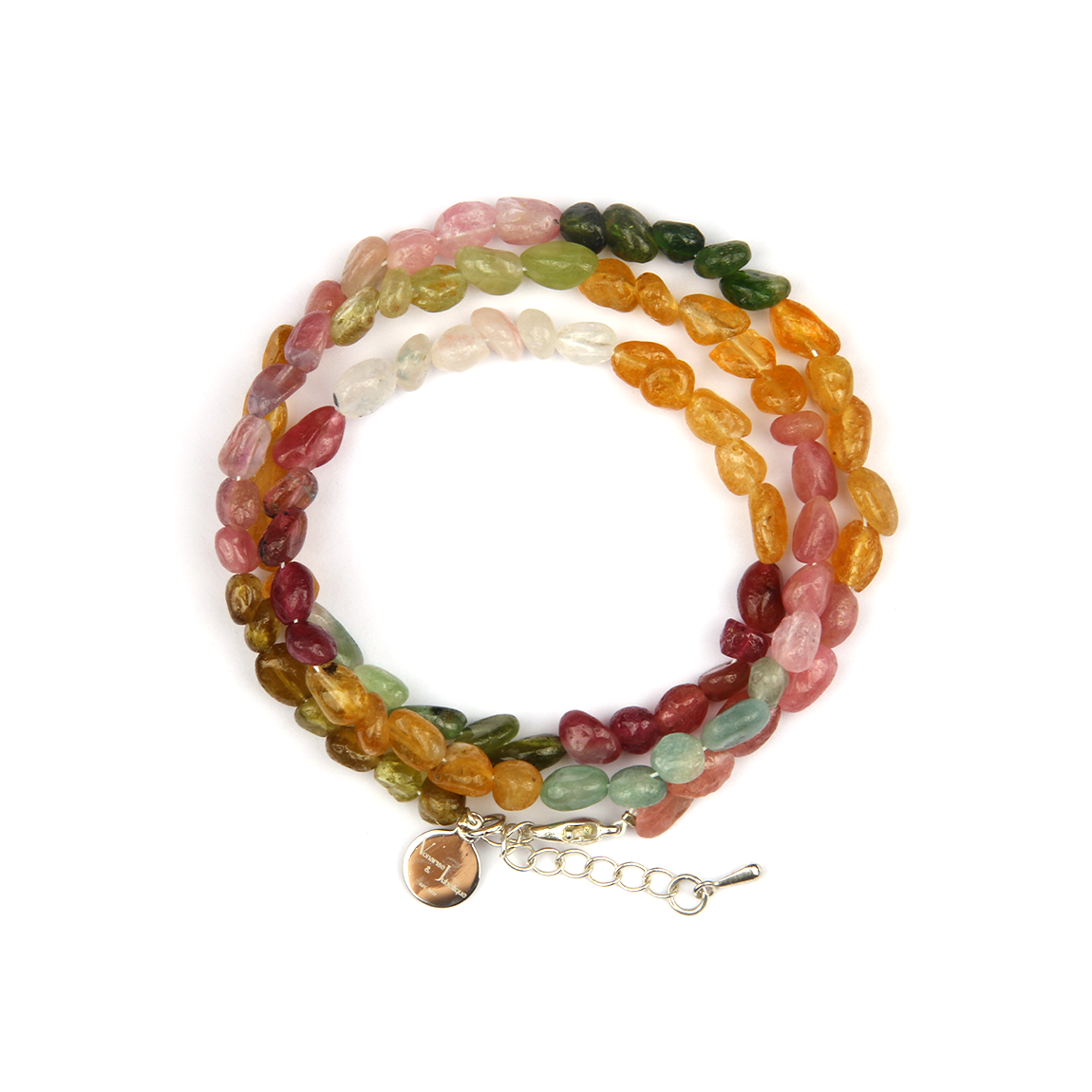 raw shape multi color tourmaline crystal bracelet in three circle for protection natural chip tourmaline