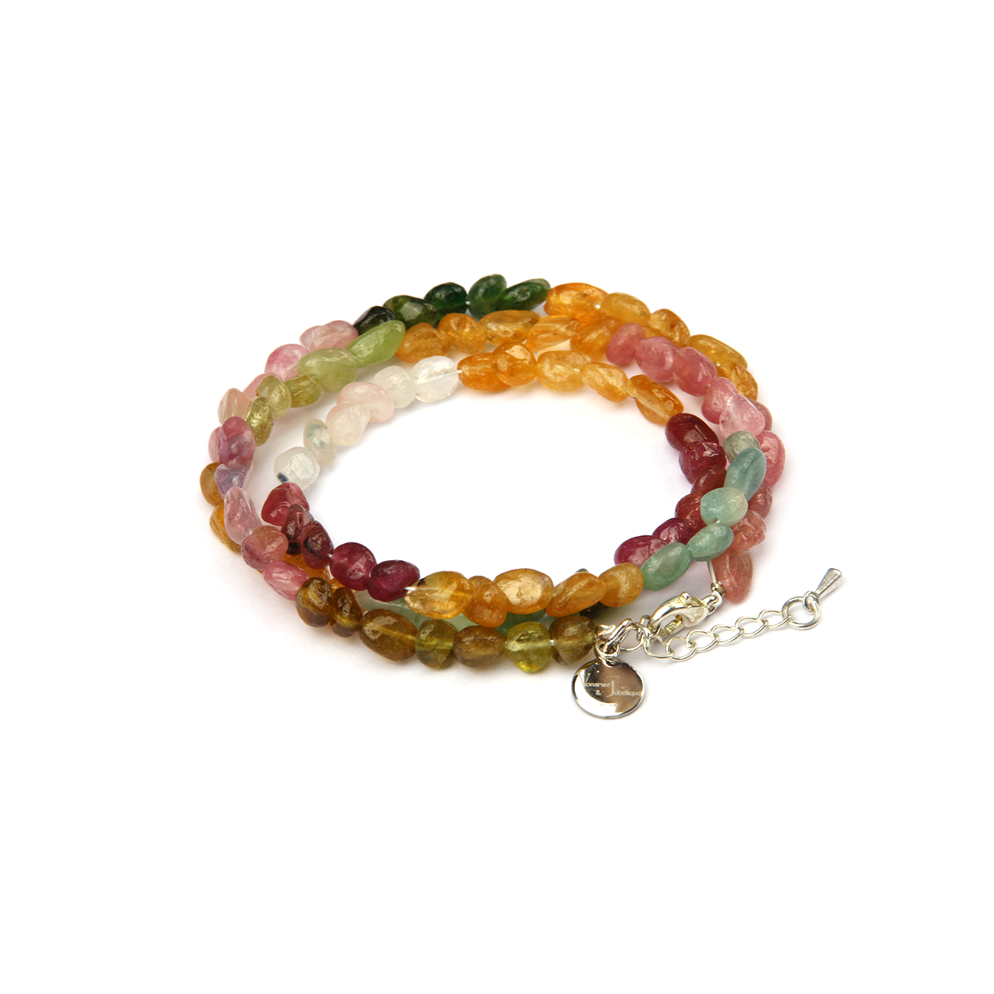 raw shape multi color tourmaline crystal bracelet in three circle for protection natural chip tourmaline