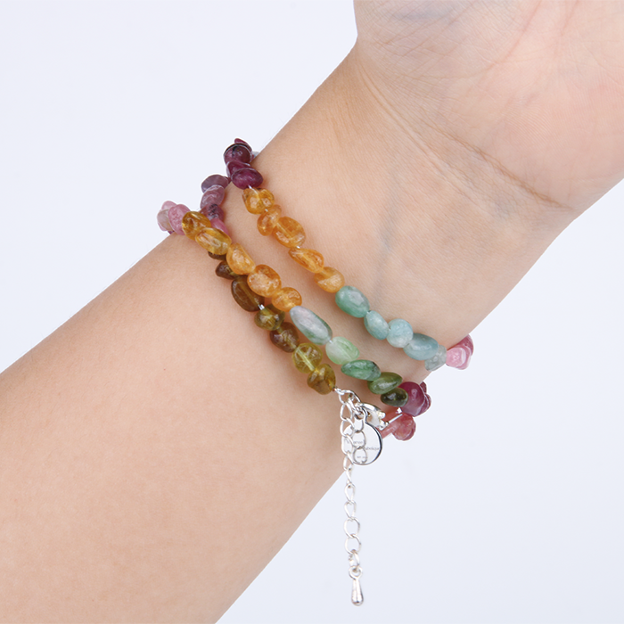 raw shape multi color tourmaline crystal bracelet in three circle for protection natural chip tourmaline