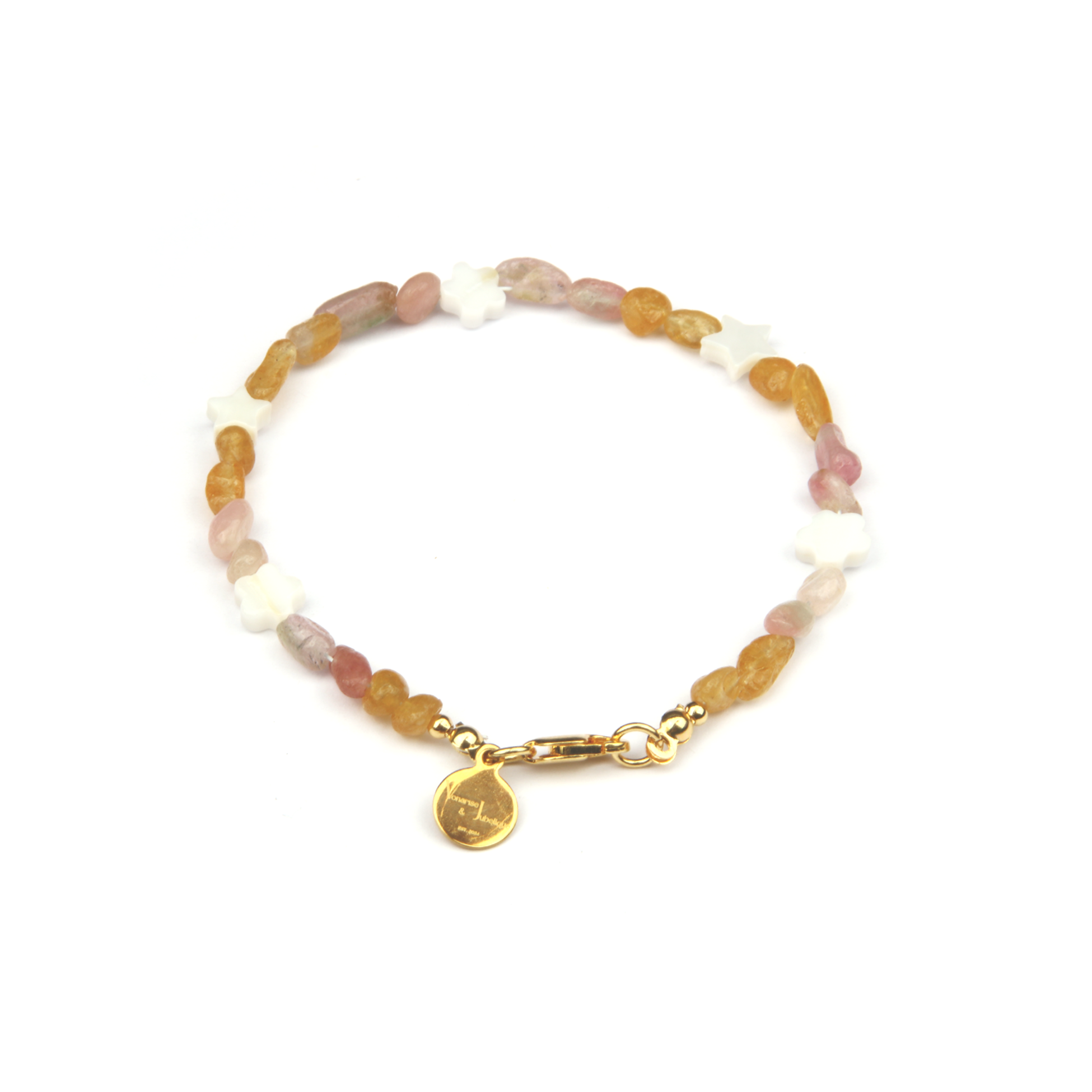 raw shape yellow and pink tourmaline with star shape and flower shape mother of pearl bracelet for women gift for girl friend