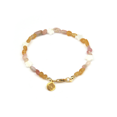 raw shape yellow and pink tourmaline with star shape and flower shape mother of pearl bracelet for women gift for girl friend