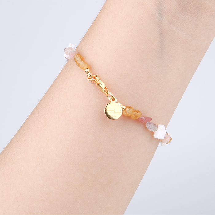 raw shape yellow and pink tourmaline with star shape and flower shape mother of pearl bracelet for women gift for girl friend
