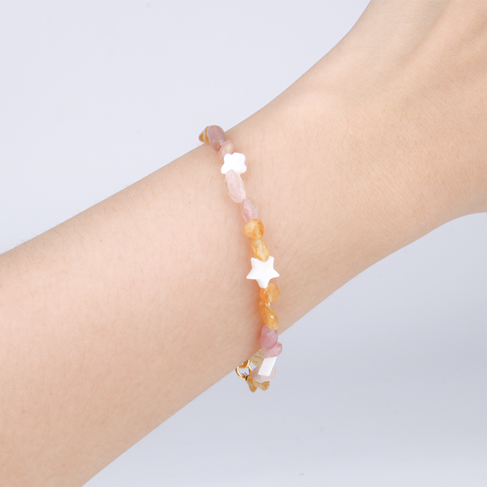 raw shape yellow and pink tourmaline with star shape and flower shape mother of pearl bracelet for women gift for girl friend