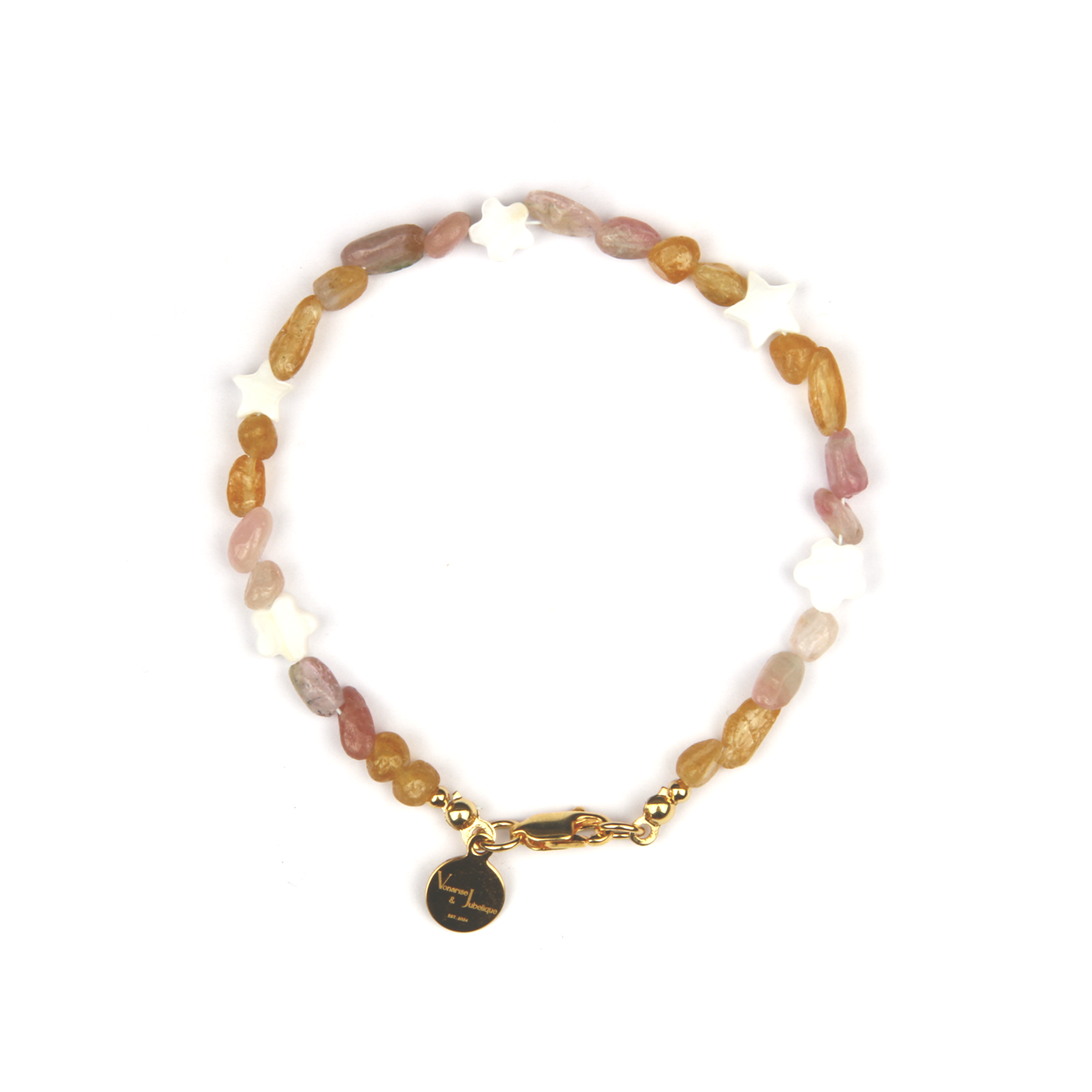 raw shape yellow and pink tourmaline with star shape and flower shape mother of pearl bracelet for women gift for girl friend