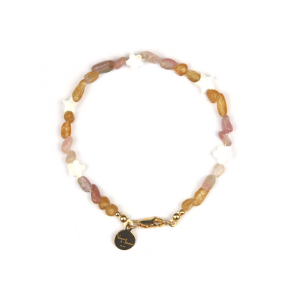 raw shape yellow and pink tourmaline with star shape and flower shape mother of pearl bracelet for women gift for girl friend