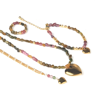 raw shape pink and green tourmaline and 18k gold accent crystal bracelet minimalist boho and elegance crystal jewelry gift for her