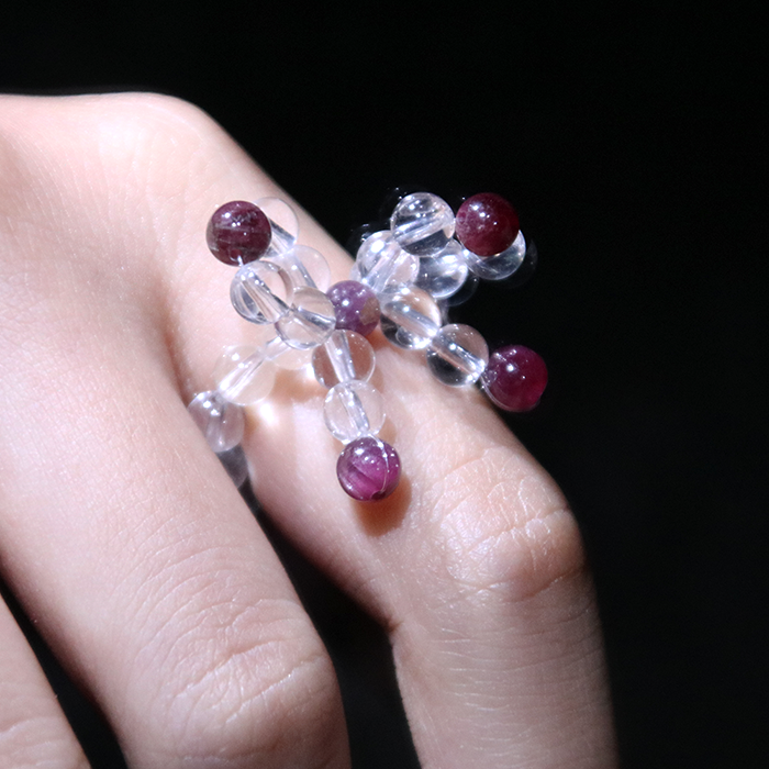 Red Tourmaline & Clear Quartz Ribbon Beaded Ring