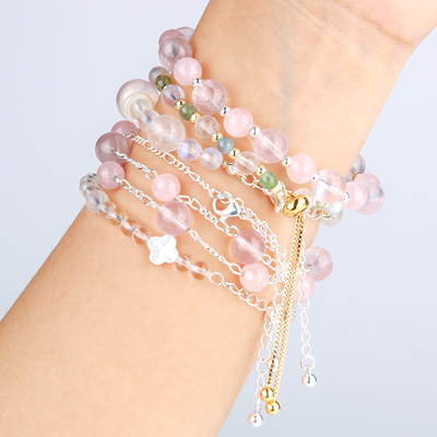 rose quartz rainbow tourmaline and blue moonstone crystal bracelet