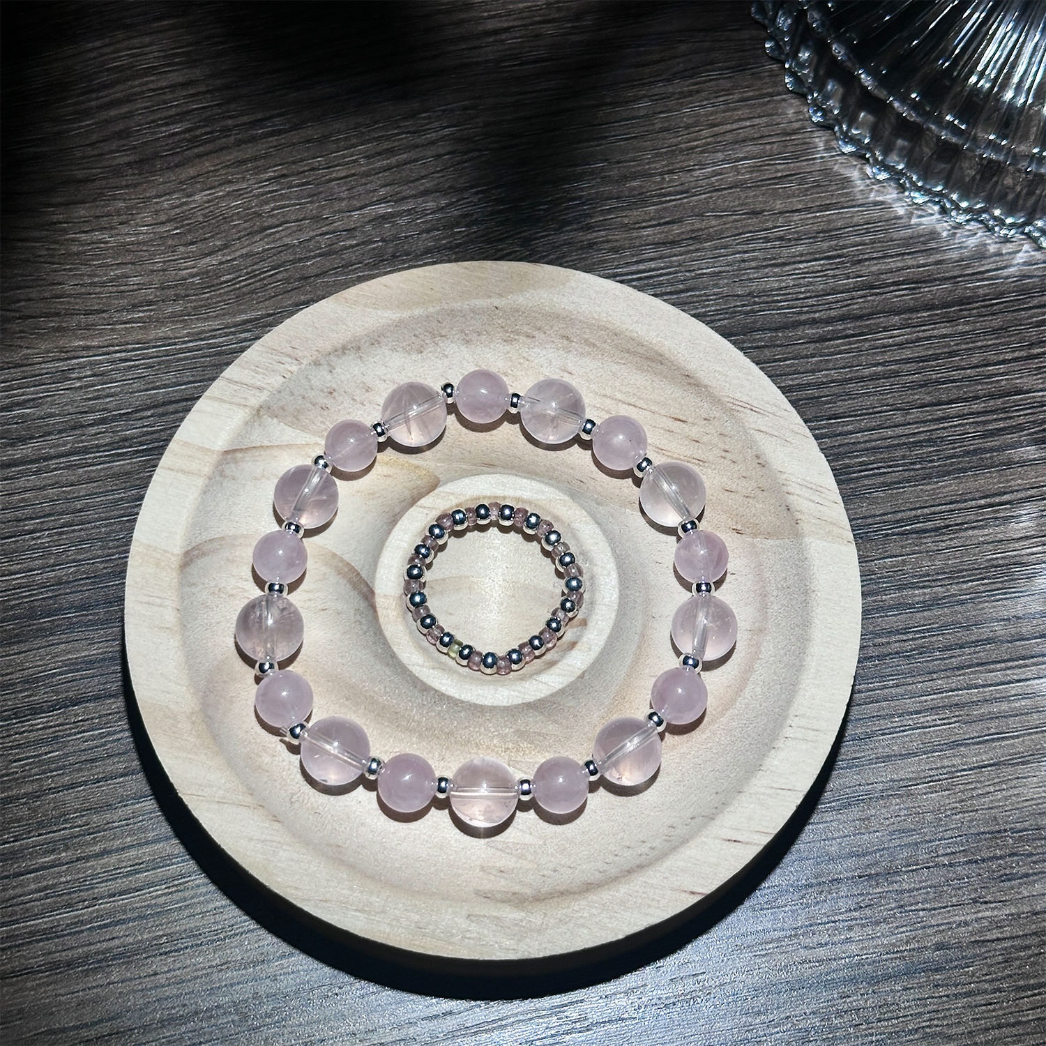 Strawberry Rose Quartz & Peridot with 14K Gold Silver Beads Beaded Ring