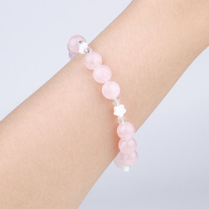 rose quartz with clear quartz and flower shape mother of pearl bracelet for women gift for girl friend