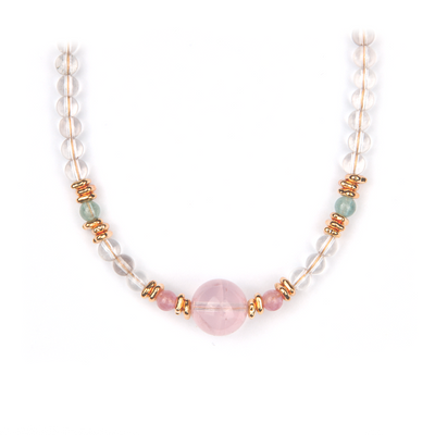 starlight rose quartz and clear quartz with green tourmaline and 18k gold accent crystal necklace minimalist boho and elegance crystal jewelry gift for her