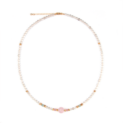starlight rose quartz and clear quartz with green tourmaline and 18k gold accent crystal necklace minimalist boho and elegance crystal jewelry gift for her