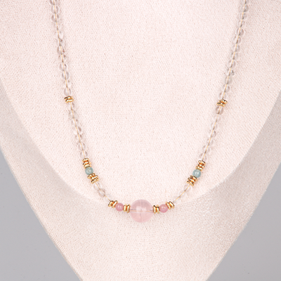 starlight rose quartz and clear quartz with green tourmaline and 18k gold accent crystal necklace minimalist boho and elegance crystal jewelry gift for her