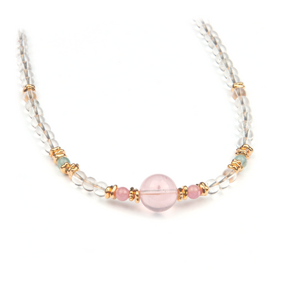 starlight rose quartz and clear quartz with green tourmaline and 18k gold accent crystal necklace minimalist boho and elegance crystal jewelry gift for her