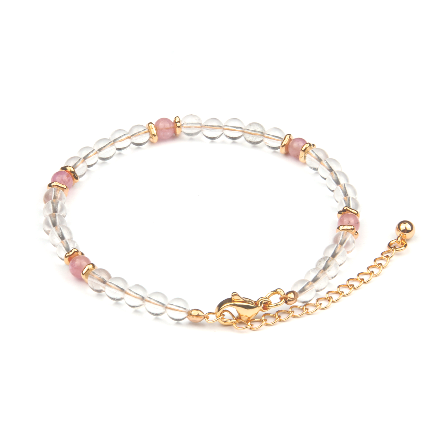 Clear Quartz with Pink Tourmaline & 18K Gold Beads Bracelet