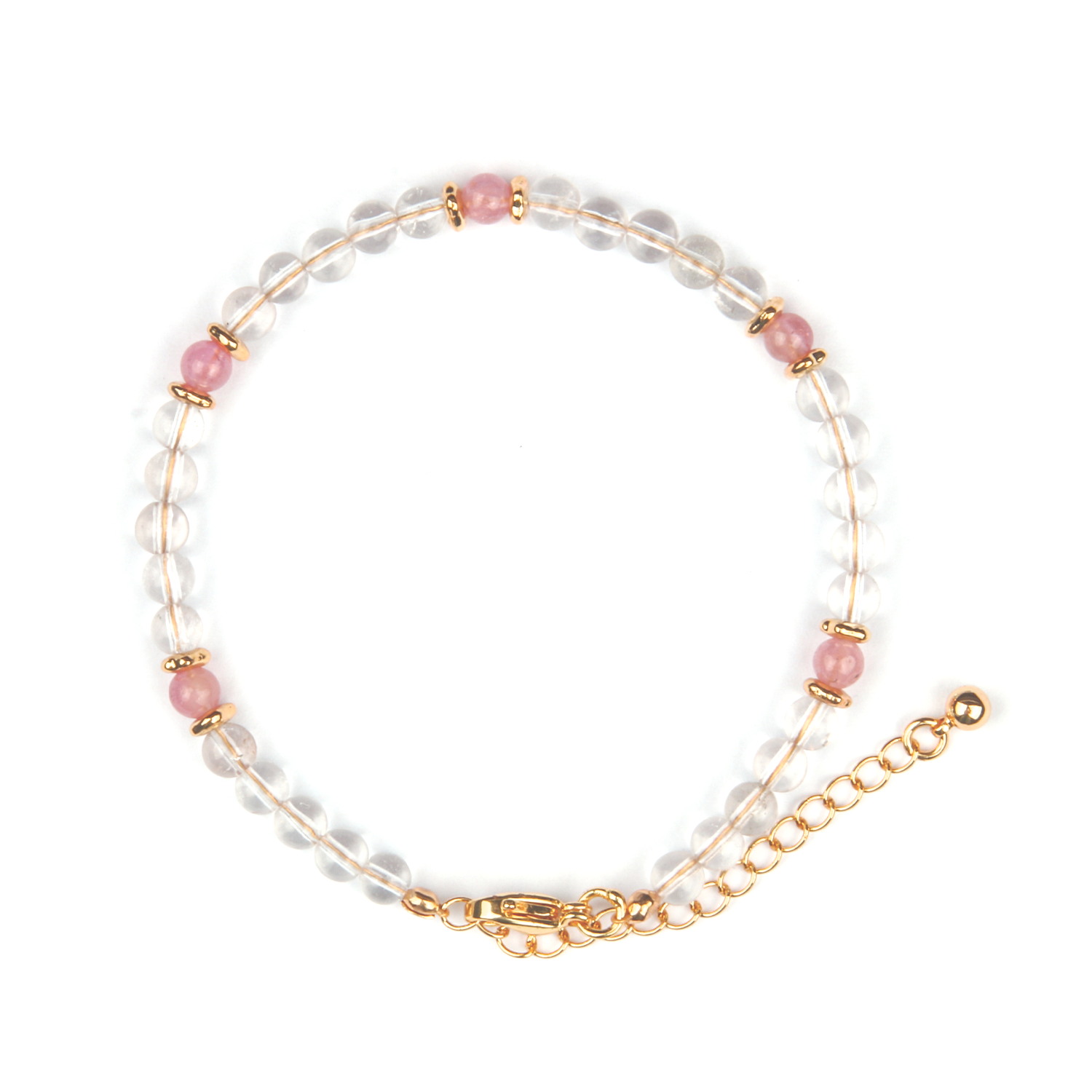 Clear Quartz with Pink Tourmaline & 18K Gold Beads Bracelet