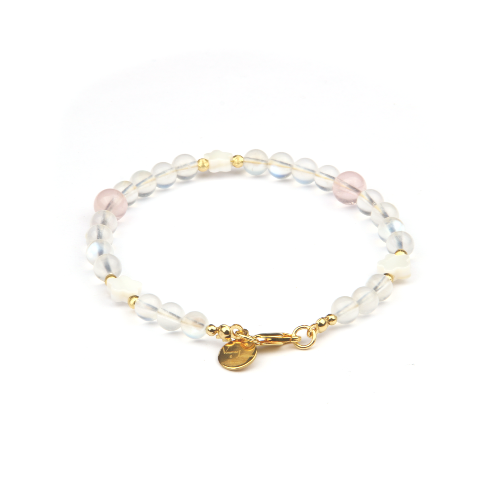 starlight rose quartz with blue moonstone and flower shape mother of pearl and 18k gold threaded cats eye bead bracelet for women gift for best friend