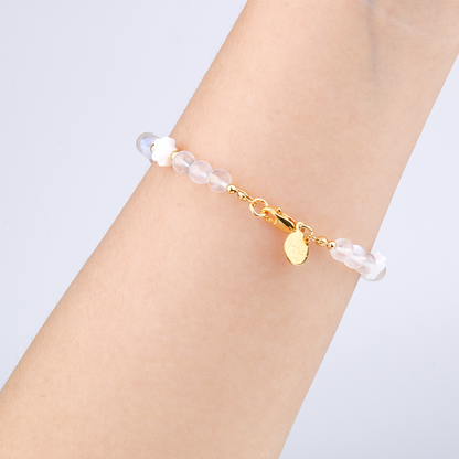 starlight rose quartz with blue moonstone and flower shape mother of pearl and 18k gold threaded cats eye bead bracelet for women gift for best friend