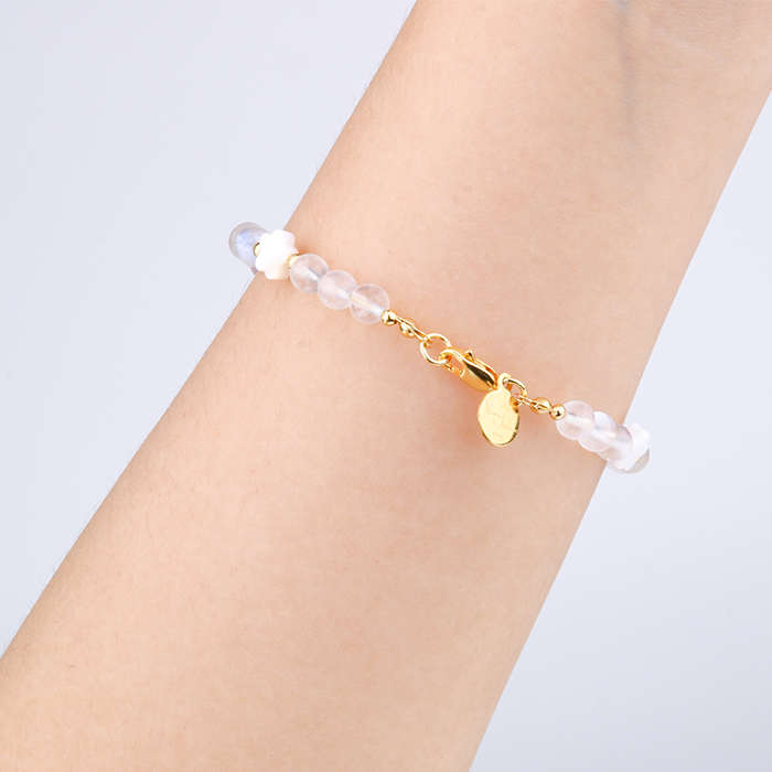 starlight rose quartz with blue moonstone and flower shape mother of pearl and 18k gold threaded cats eye bead bracelet for women gift for best friend