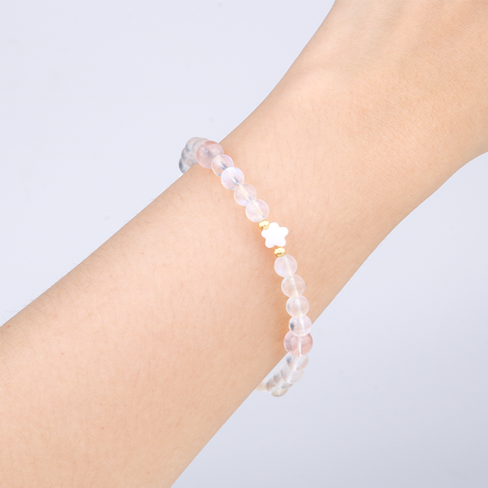 starlight rose quartz with blue moonstone and flower shape mother of pearl and 18k gold threaded cats eye bead bracelet for women gift for best friend