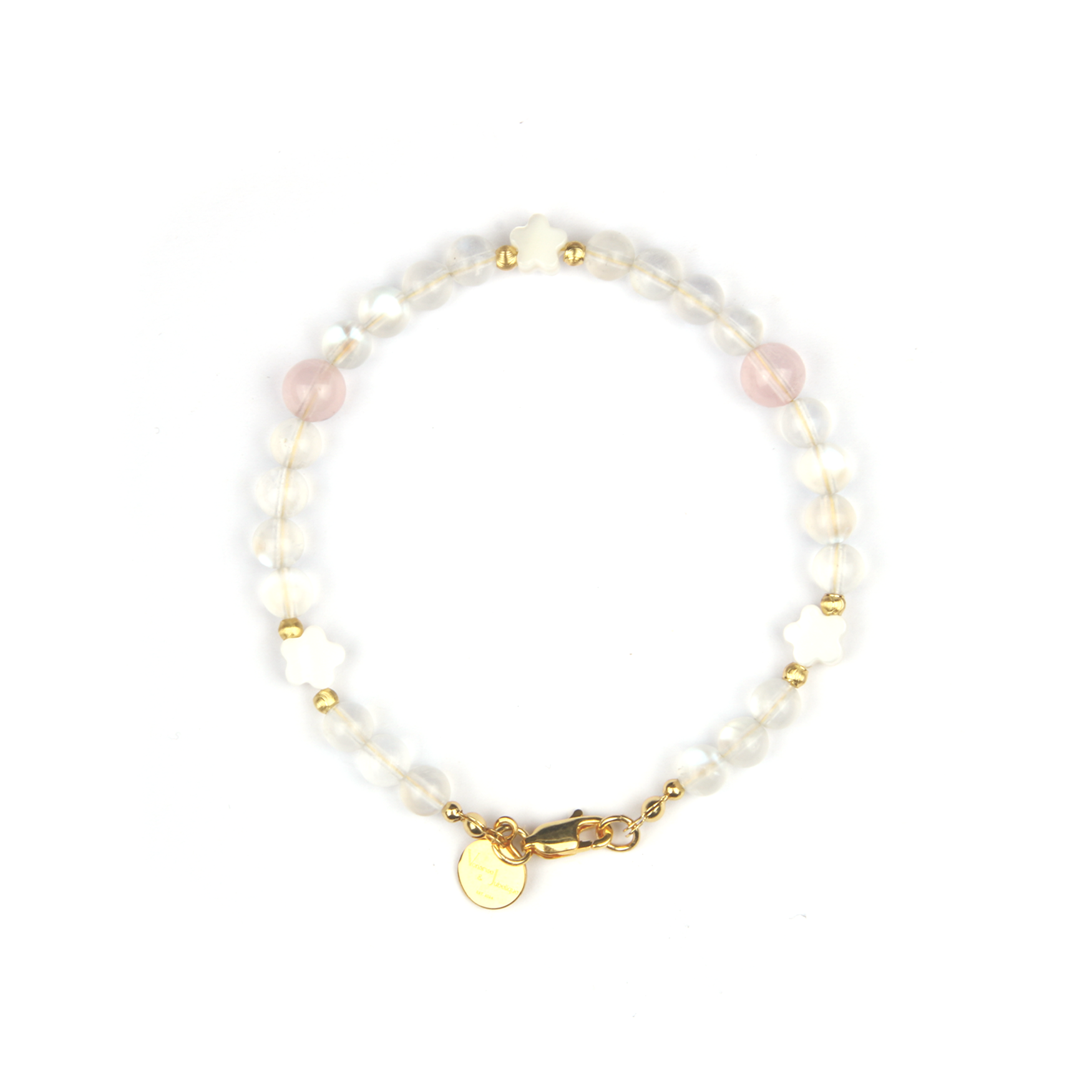 starlight rose quartz with blue moonstone and flower shape mother of pearl and 18k gold threaded cats eye bead bracelet for women gift for best friend