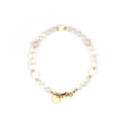 starlight rose quartz with blue moonstone and flower shape mother of pearl and 18k gold threaded cats eye bead bracelet for women gift for best friend