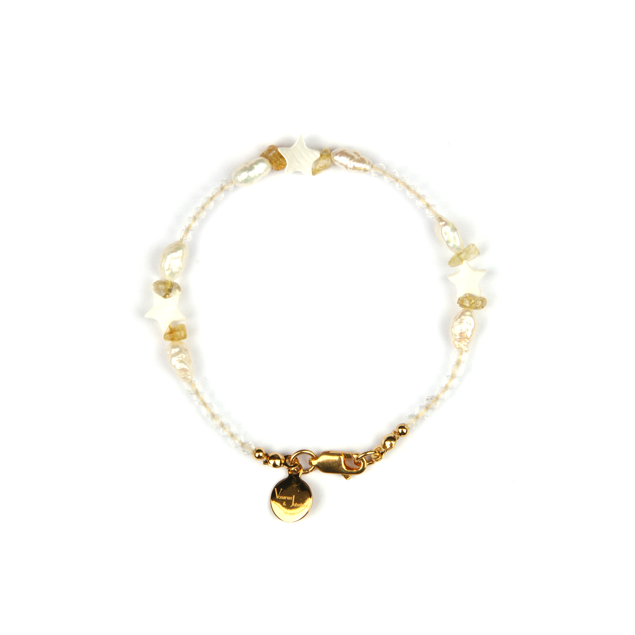 Minimalist extra thin crystal bracelet with star-shaped mother-of-pearl, freshwater pearls, chip citrine, and 2mm faceted clear quartz, 2-5mm overall