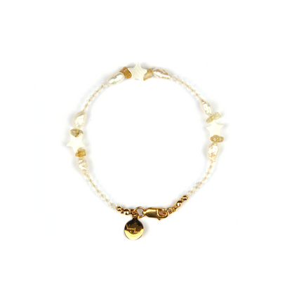 Minimalist extra thin crystal bracelet with star-shaped mother-of-pearl, freshwater pearls, chip citrine, and 2mm faceted clear quartz, 2-5mm overall
