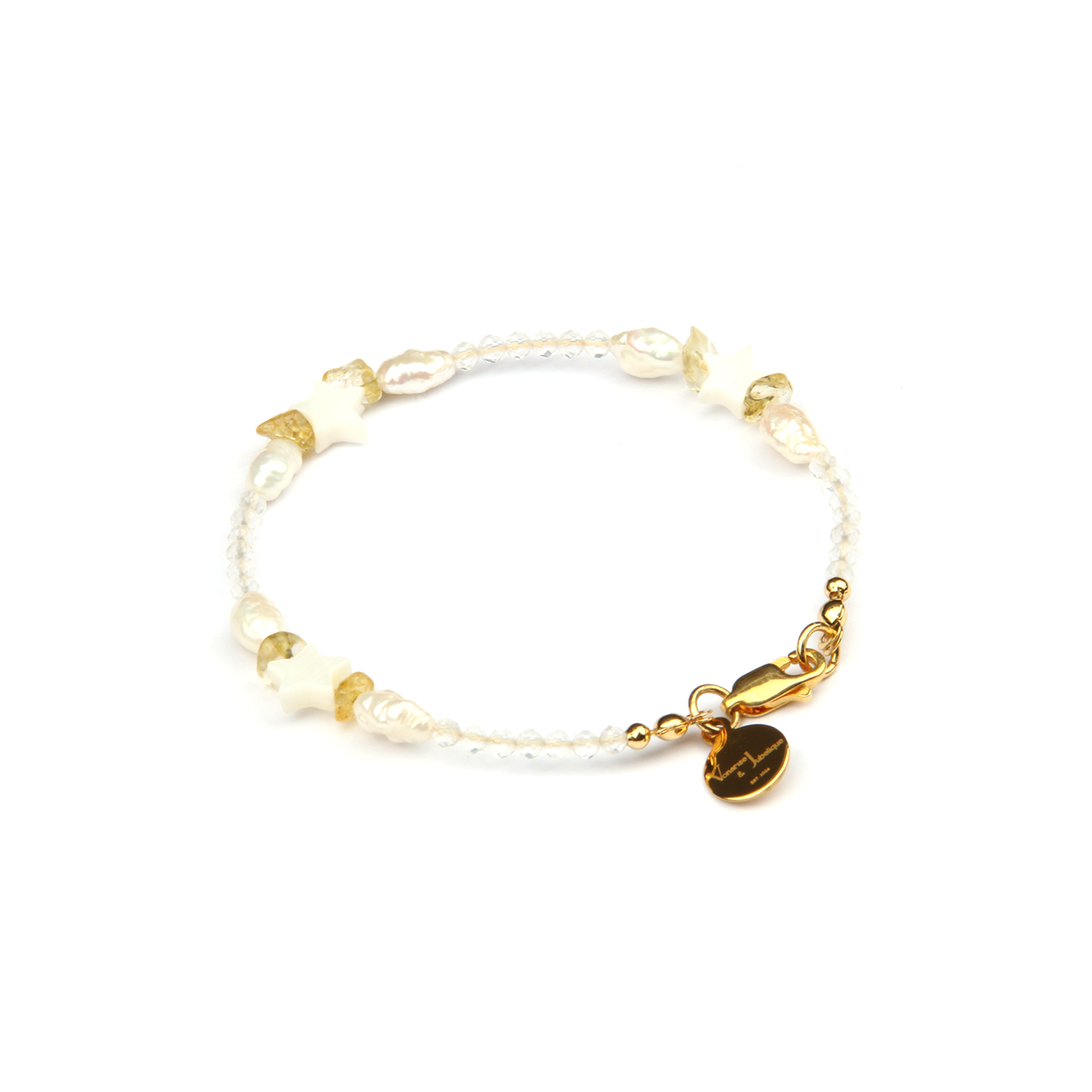 Minimalist extra thin crystal bracelet with star-shaped mother-of-pearl, freshwater pearls, chip citrine, and 2mm faceted clear quartz, 2-5mm overall