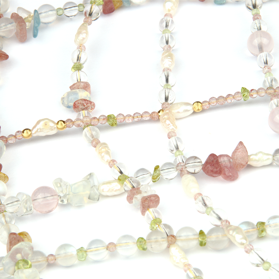 Aesthetic spring crystal bracelet featuring strawberry rose quartz and peridot, part of the natural crystal collection