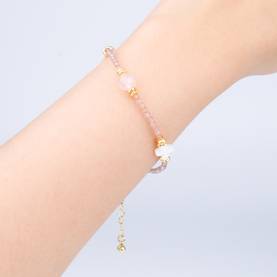strawberry rose quartz and mother of pearl crystal bracelet for love attraction crystal jewelry