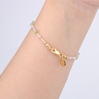 Minimalist extra thin crystal bracelet with strawberry rose quartz, chip peridot, and 2mm faceted clear quartz, 2-5mm overall