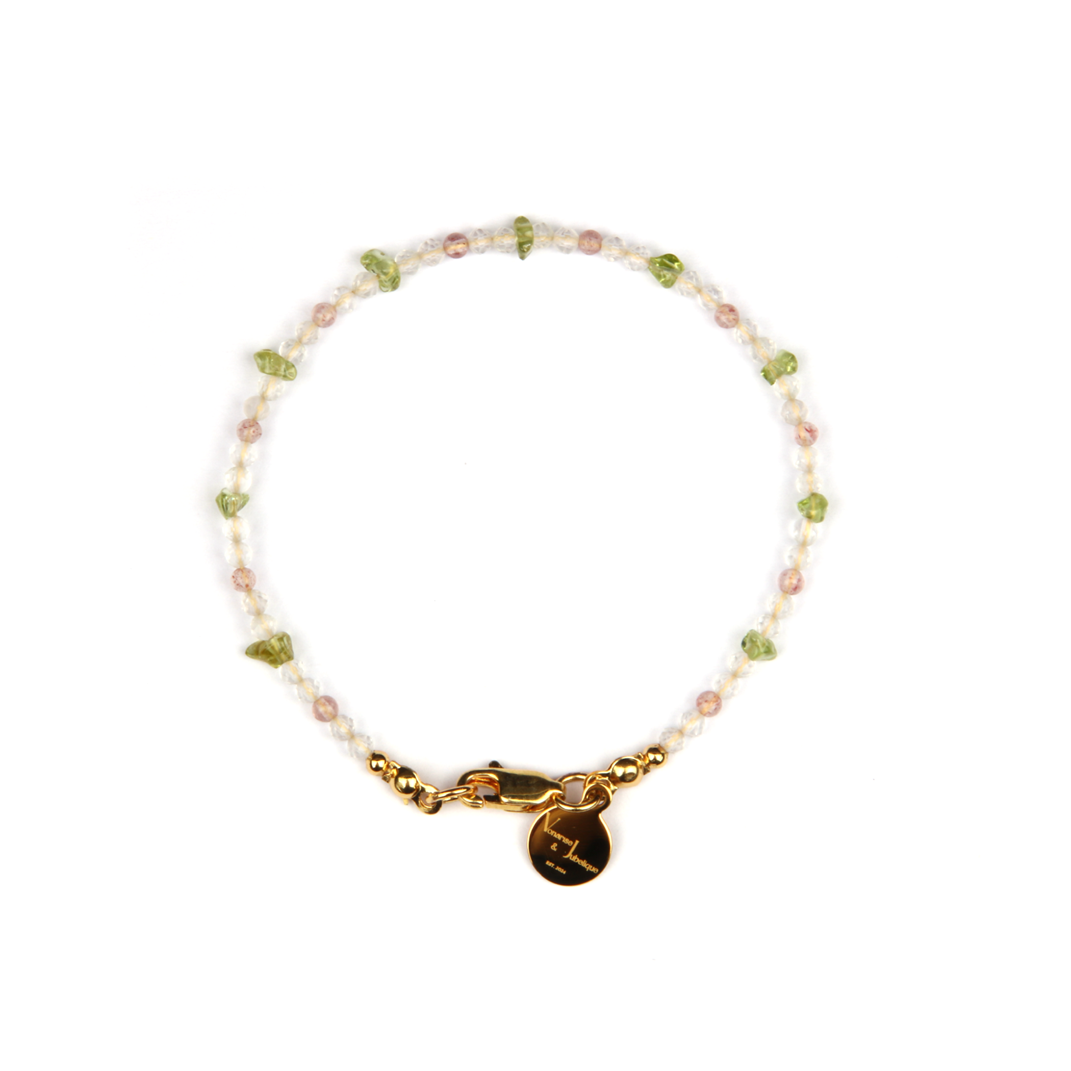 Minimalist extra thin crystal bracelet with strawberry rose quartz, chip peridot, and 2mm faceted clear quartz, 2-5mm overall